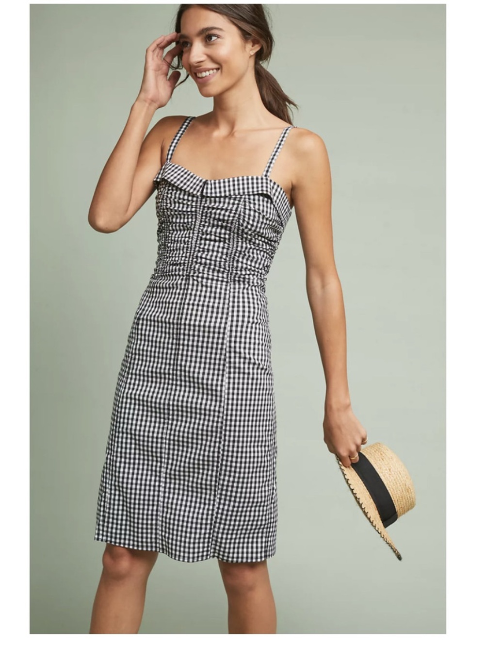 *Rare* Anthropologie Postmark Black and White Ruched Gingham Dress size XS